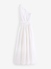 White Premium One Shoulder Midi Dress With Linen - Image 5 of 6