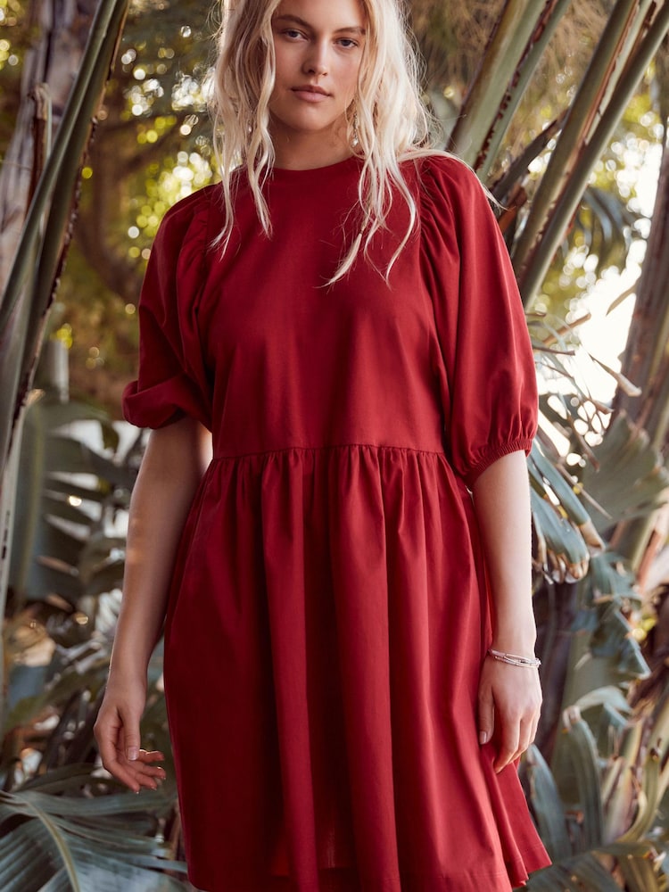 Red Puff Sleeve Mini Jersey Dress - Image 1 of 5