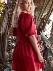 Red Puff Sleeve Mini Jersey Dress - Image 3 of 5