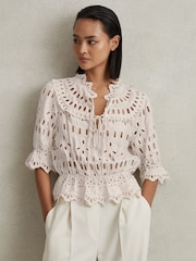 Reiss Cream Kyra Broderie Tie Neck Blouse - Image 1 of 5
