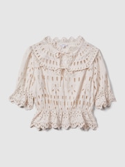 Reiss Cream Kyra Broderie Tie Neck Blouse - Image 2 of 5