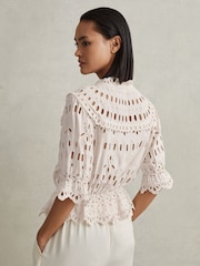 Reiss Cream Kyra Broderie Tie Neck Blouse - Image 4 of 5