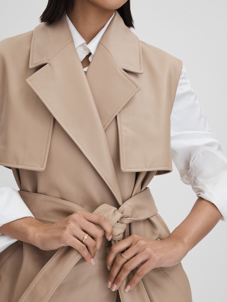 Reiss Neutral Everley Leather Double Breasted Gilet - Image 7 of 7