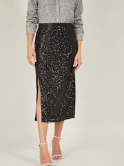 Yumi Black Sequin Fitted Skirt With Front Slit - Image 1 of 3