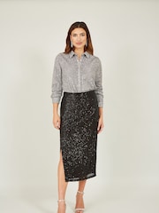 Yumi Black Sequin Fitted Skirt With Front Slit - Image 2 of 3