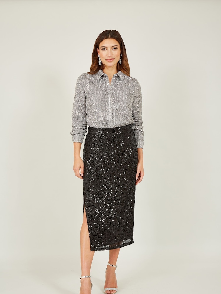 Yumi Black Sequin Fitted Skirt With Front Slit - Image 2 of 3
