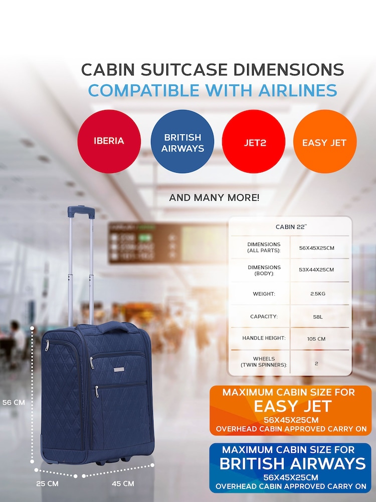Bleu marine matelassé - Valise de cabine souple Flight Knight 56x45x25cm Easy Jet à enfiler - Image 3 of 7
