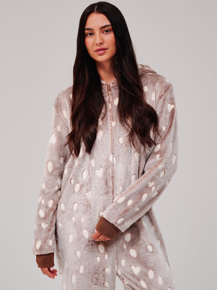 Loungeable Brown Reindeer Luxury Fleece Hooded All-In-One - Image 2 of 4 Loungeable Brown Reindeer Luxury Fleece Hooded All-In-One - Image 2 of 4