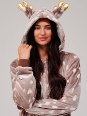Loungeable Brown Reindeer Luxury Fleece Hooded All-In-One - Image 3 of 4