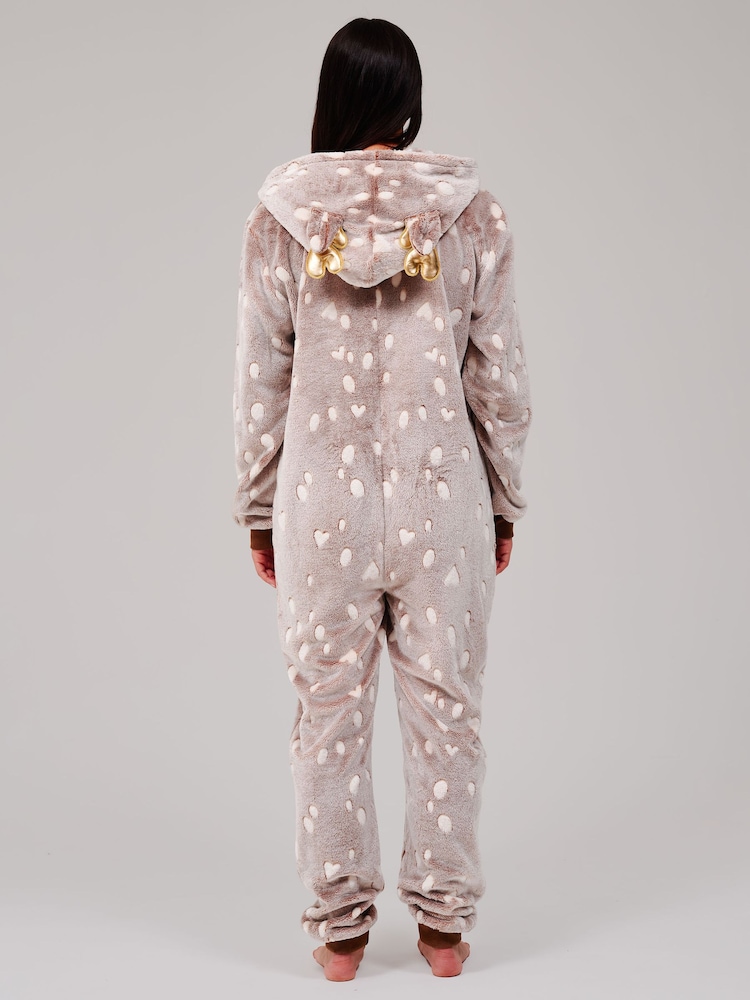 Loungeable Brown Reindeer Luxury Fleece Hooded All-In-One - Image 4 of 4 Loungeable Brown Reindeer Luxury Fleece Hooded All-In-One - Image 4 of 4