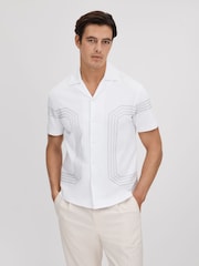 Reiss White/Sage Arlington Mercerised Cotton Embroidered Cuban Collar Shirt - Image 1 of 6