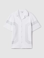 Reiss White/Sage Arlington Mercerised Cotton Embroidered Cuban Collar Shirt - Image 2 of 6