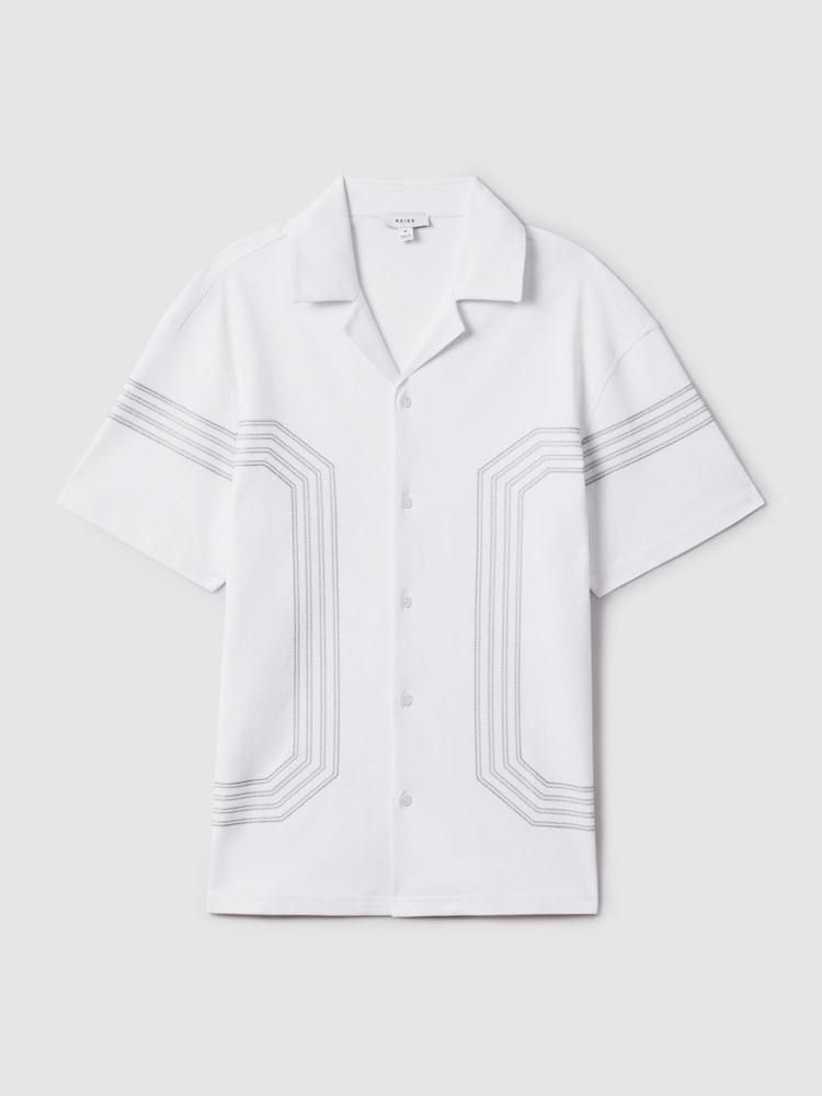 Reiss White/Sage Arlington Mercerised Cotton Embroidered Cuban Collar Shirt - Image 2 of 6