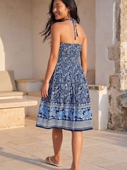 Roman Blue Petite Print Shirred Top Midi Dress - Image 3 of 5