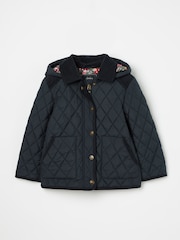 Joules Girls' Marsdale Navy Blue Diamond Quilted Coat With Hood - Image 1 of 6