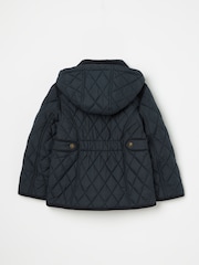 Joules Girls' Marsdale Navy Blue Diamond Quilted Coat With Hood - Image 2 of 6