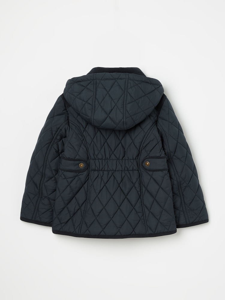Joules Girls' Marsdale Navy Blue Diamond Quilted Coat With Hood - Image 2 of 6