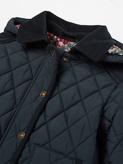 Joules Girls' Marsdale Navy Blue Diamond Quilted Coat With Hood - Image 4 of 6