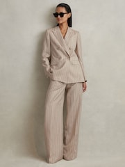 Reiss Neutral Odette Wool Blend Striped Double Breasted Blazer - Image 1 of 6