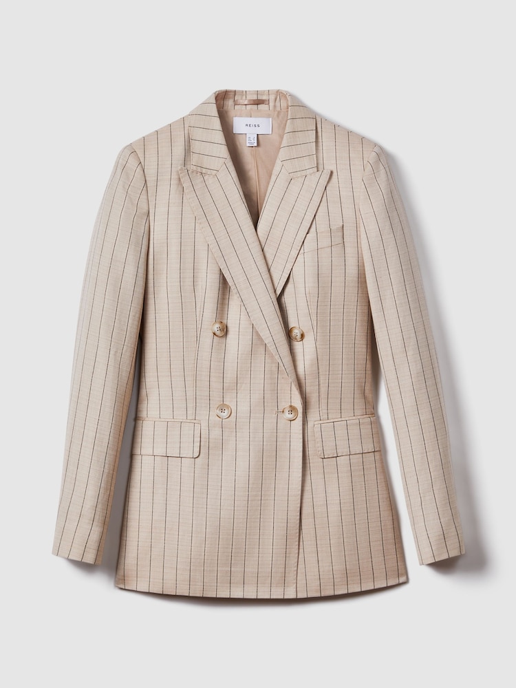 Reiss Neutral Odette Wool Blend Striped Double Breasted Blazer - Image 2 of 6
