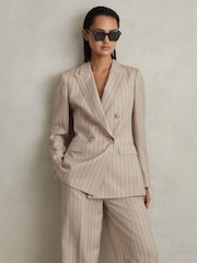 Reiss Neutral Odette Wool Blend Striped Double Breasted Blazer - Image 3 of 6