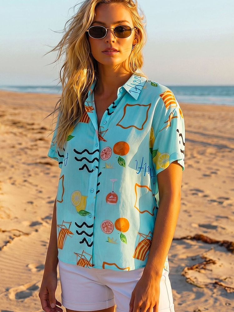 Roman Blue Beach Print Shirt - Image 1 of 1 Roman Blue Beach Print Shirt - Image 1 of 1