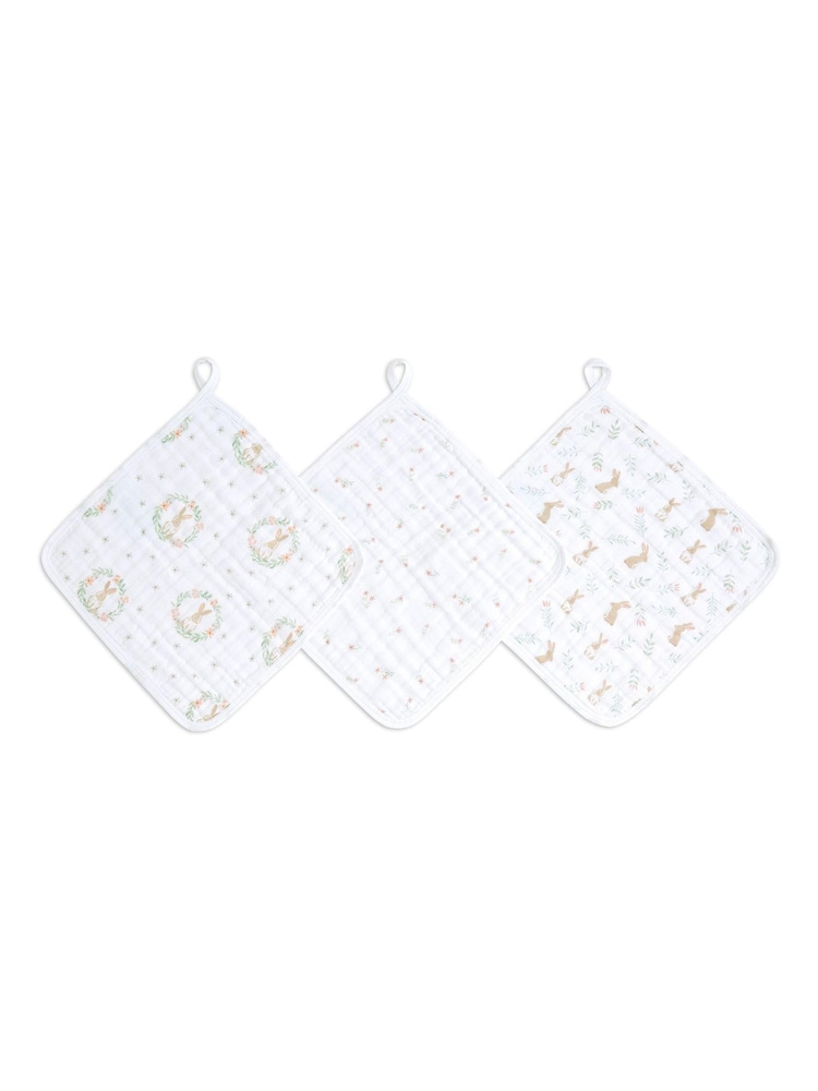 aden + anais Pink Essentials 100% Cotton Muslin Bunnies Washcloths 3 Pack - Image 1 of 3