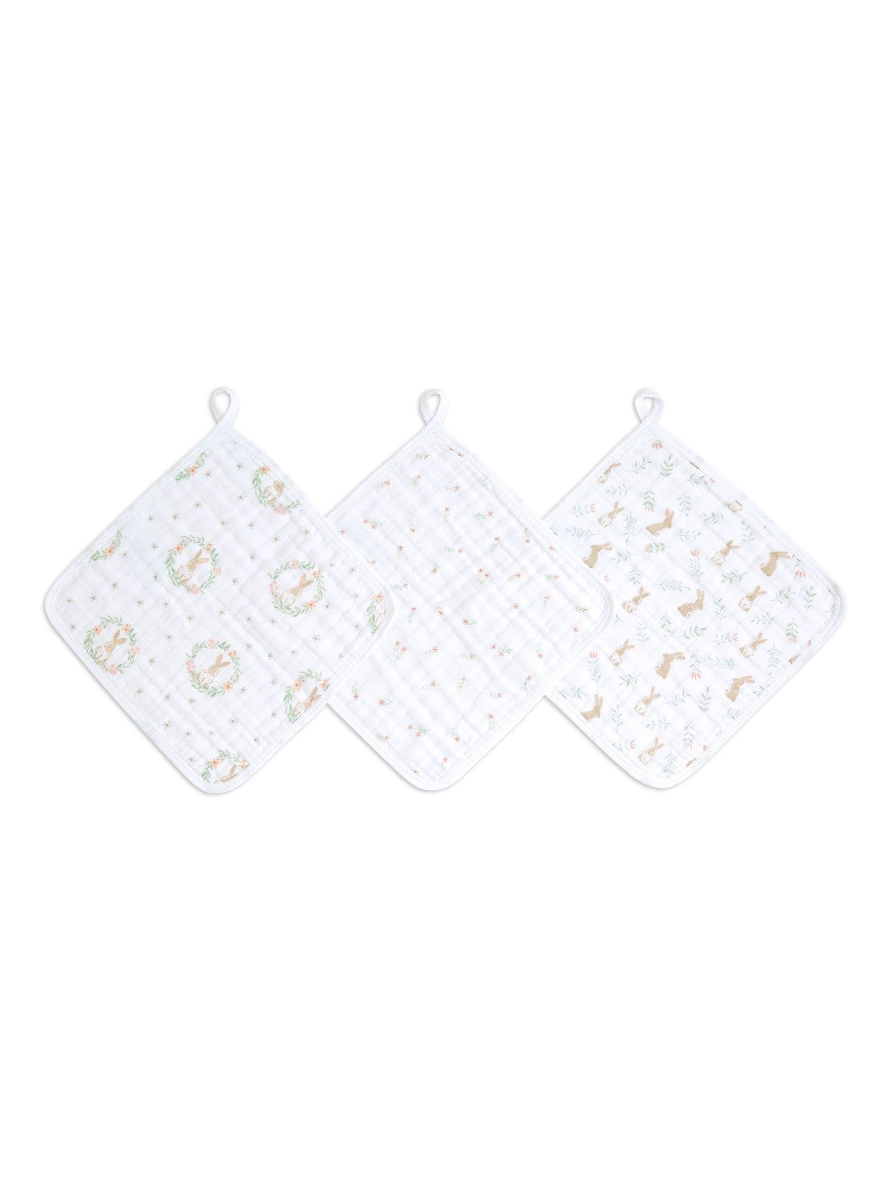 aden + anais Pink Essentials 100% Cotton Muslin Bunnies Washcloths 3 Pack view 1