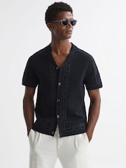Reiss Navy Hawk Embroidered Cuban Collar Shirt - Image 1 of 4