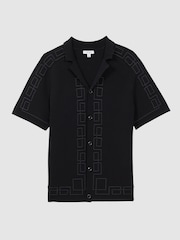 Reiss Navy Hawk Embroidered Cuban Collar Shirt - Image 2 of 4