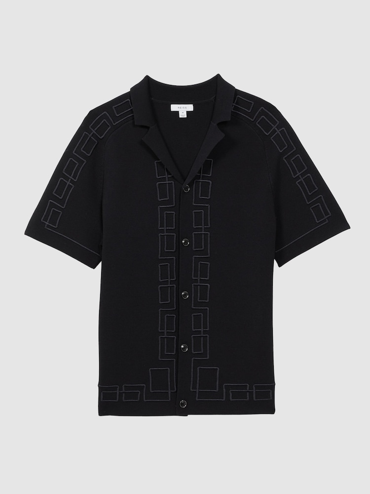 Reiss Navy Hawk Embroidered Cuban Collar Shirt - Image 2 of 4