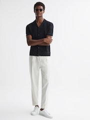 Reiss Navy Hawk Embroidered Cuban Collar Shirt - Image 3 of 4