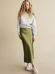 Khaki Green Satin Midi Skirt - Image 1 of 8