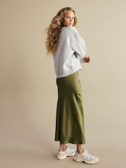 Khaki Green Satin Midi Skirt - Image 3 of 8