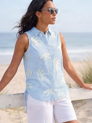 Roman Blue Stripe Leaf Embroidered Button Blouse - Image 1 of 4