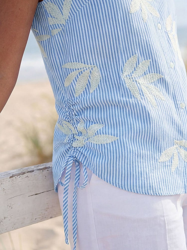 Roman Blue Stripe Leaf Embroidered Button Blouse - Image 4 of 4