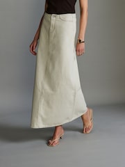 Ecru Beige Denim 100% Cotton Midi Skirt - Image 3 of 7