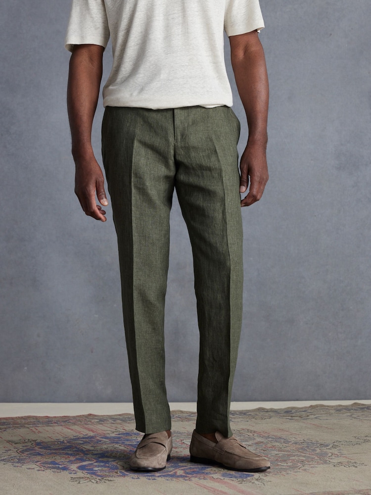 Olive Green Slim Fit Signature Leomaster 100% Linen Suit: Trousers - Image 1 of 11