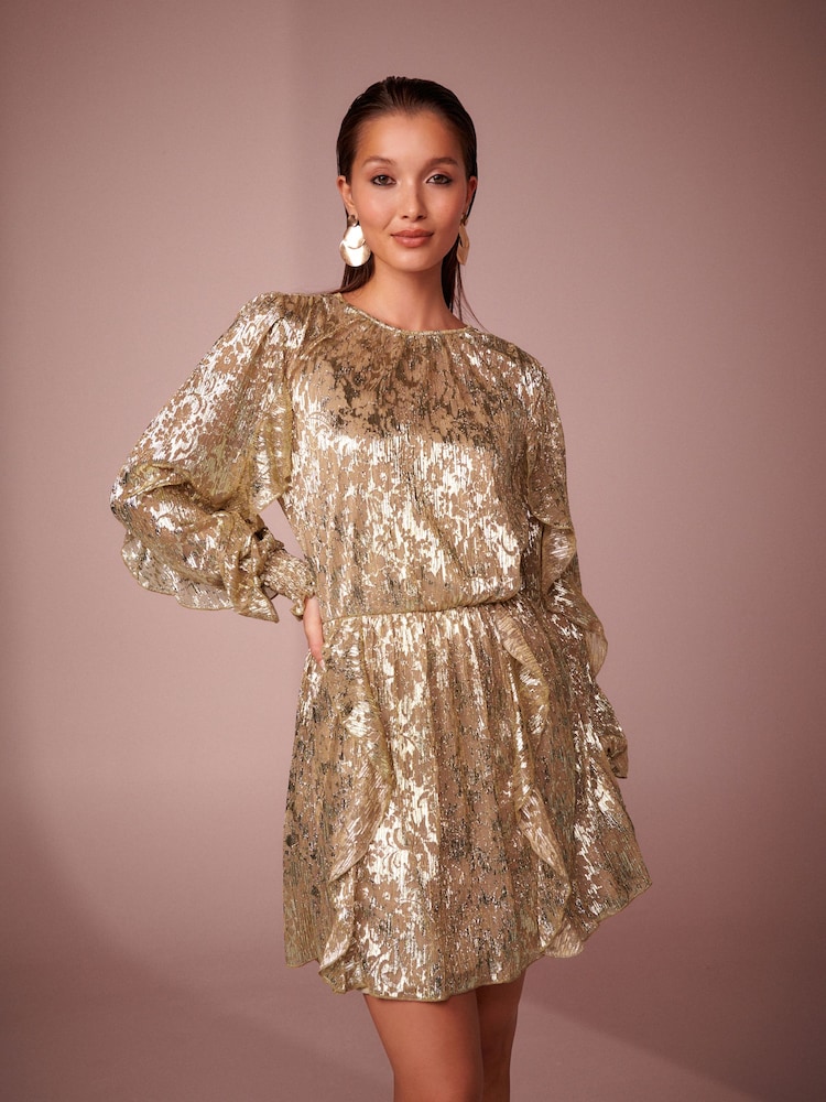 Gold - Kurzes Jacquard-Kleid mit Rüschen - Bild 1 von 6
