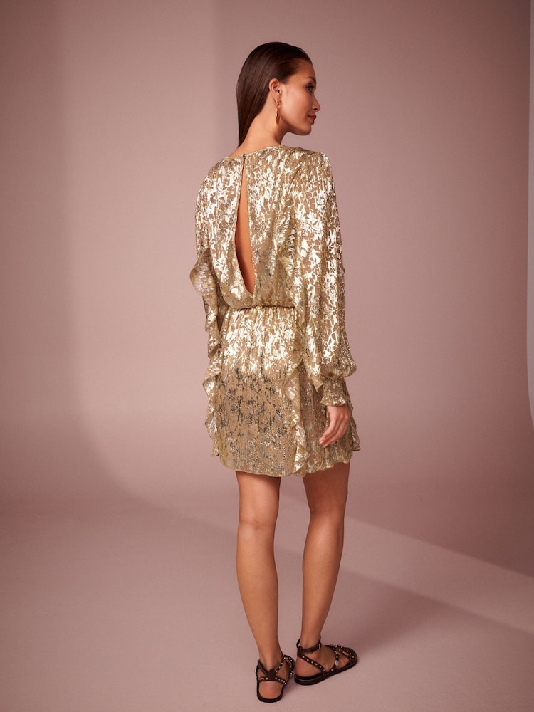 Gold - Kurzes Jacquard-Kleid mit Rüschen - Bild 2 von 6