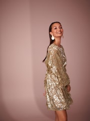Gold - Kurzes Jacquard-Kleid mit Rüschen - Bild 3 von 6