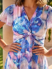Roman Blue Petite Twist Front Dobby Print Dress - Image 4 of 4