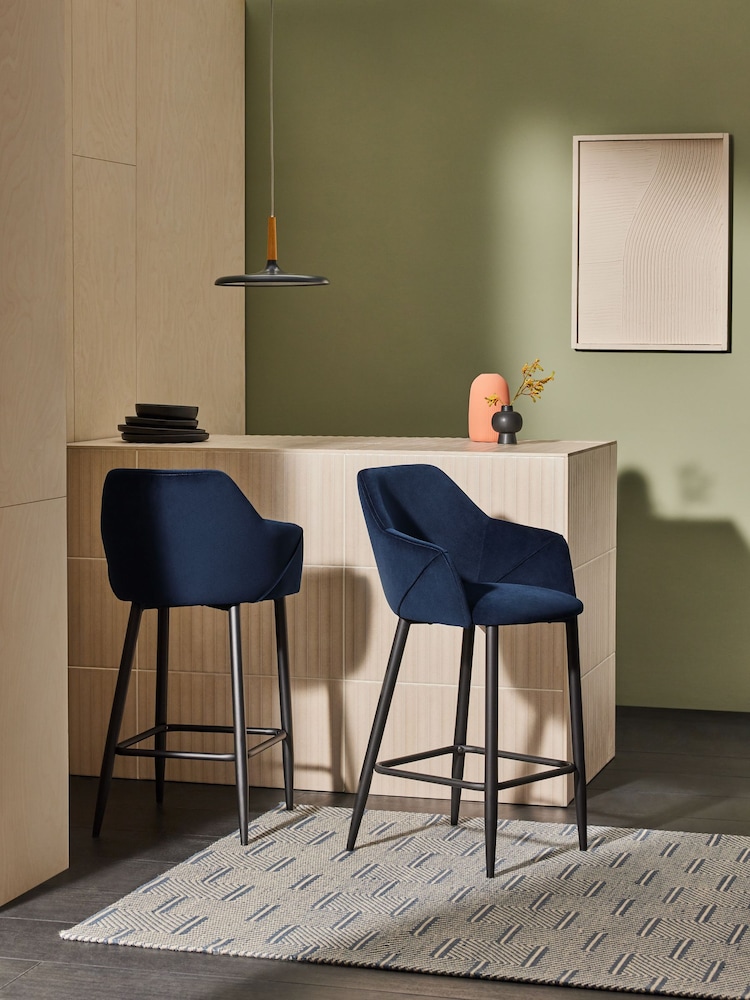 MADE.COM Dark Blue and Black Legs Lule Bar Stool in Velvet - Image 1 of 4