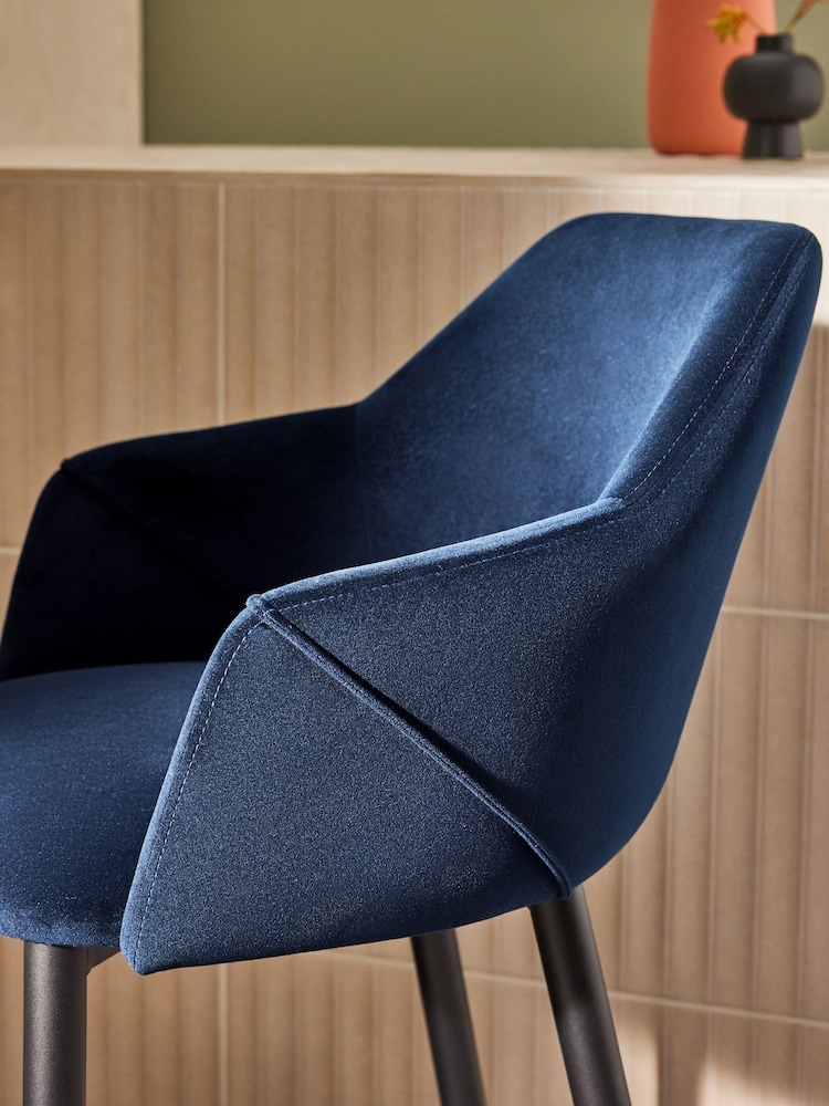MADE.COM Dark Blue and Black Legs Lule Bar Stool in Velvet - Image 2 of 4