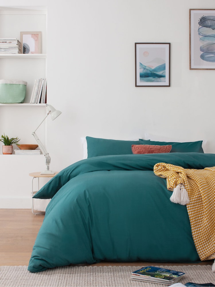 Blue Dark Teal Cotton Rich Plain Duvet Cover and Pillowcase Set - Image 1 of 7