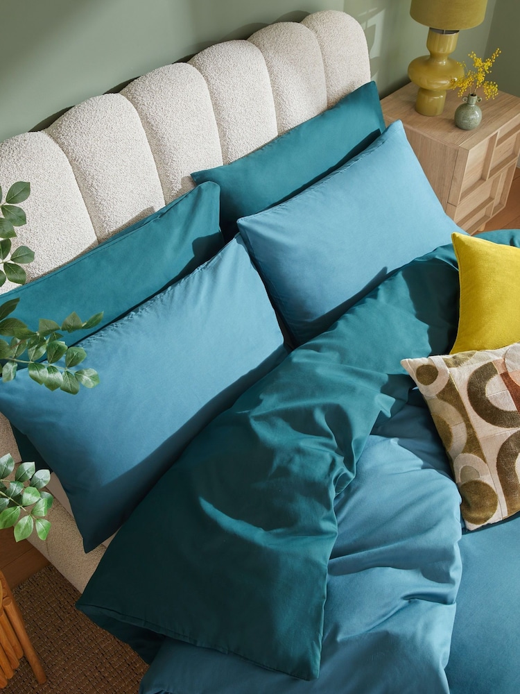 Blue Dark Teal Cotton Rich Plain Duvet Cover and Pillowcase Set - Image 3 of 7