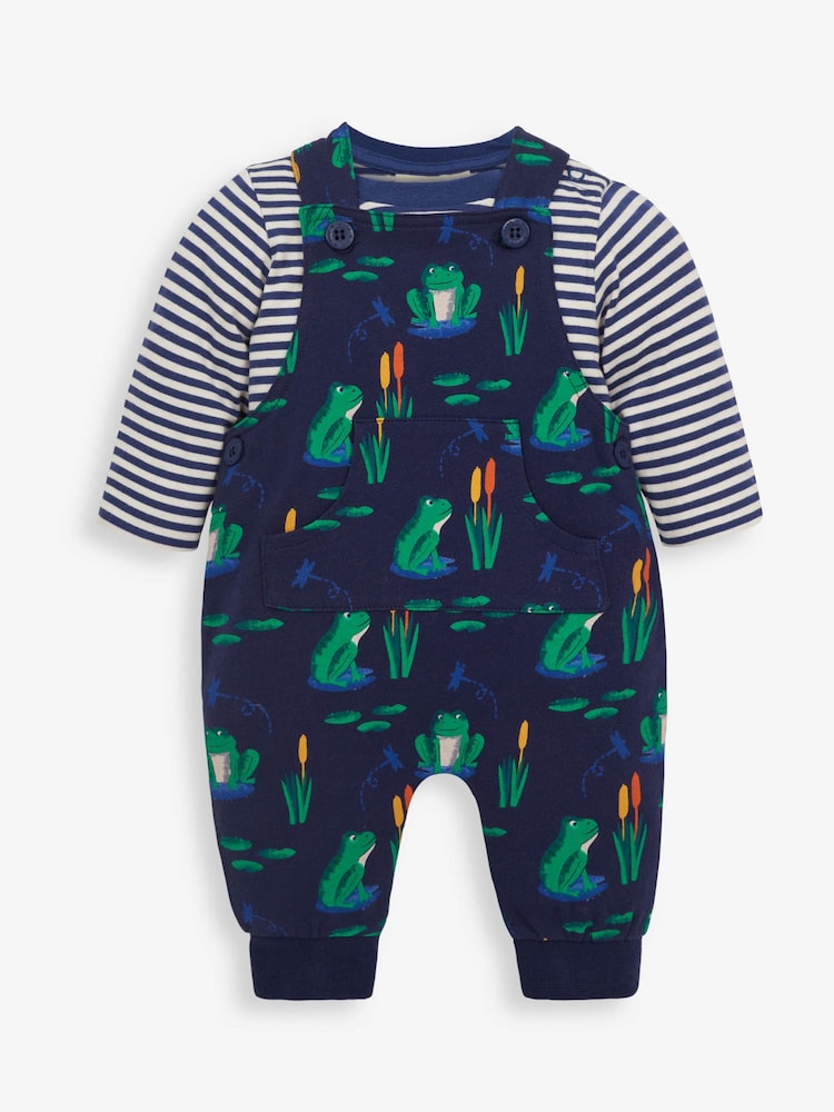 JoJo Maman Bébé Navy 2-Piece Navy Frog Print Baby Dungarees Set - Image 1 of 4