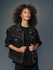 Black Eyelet Oversized Denim Trucker 100% Cotton Jacket - Image 1 of 7