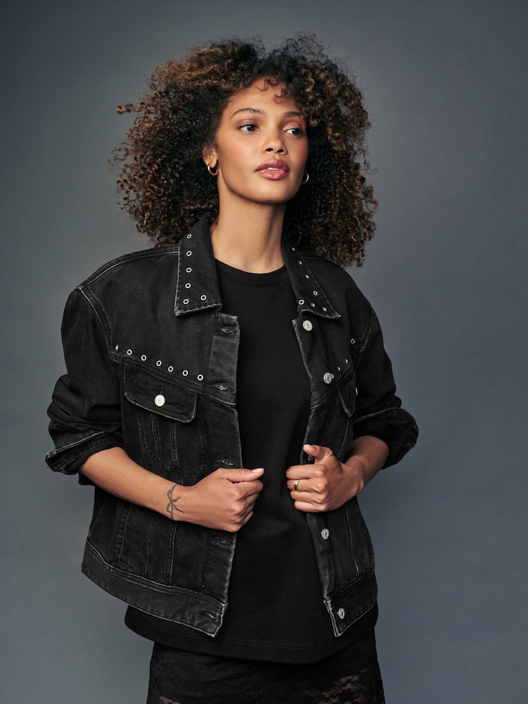 Black Eyelet Oversized Denim Trucker 100% Cotton Jacket - Image 1 of 7