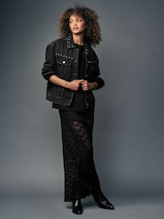 Black Eyelet Oversized Denim Trucker 100% Cotton Jacket - Image 2 of 7